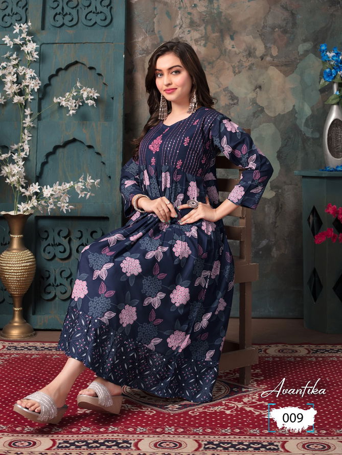 Avantika By Trendy 001 To 010Long Flair Anarkali  Kurtis Exporters In India
